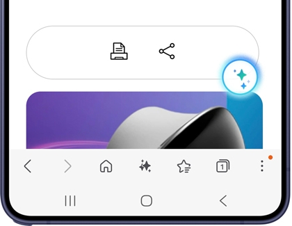 A Galaxy S26 Ultra screen showing the Samsung Browser toolbar at the bottom with a Galaxy AI icon highlighted in blue.