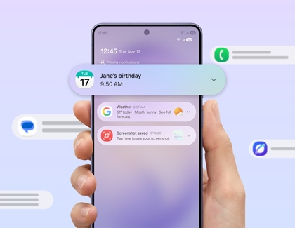 A hand holding a Galaxy S26 Ultra with multiple notification bubbles floating over the lock screen including a birthday reminder and weather update.