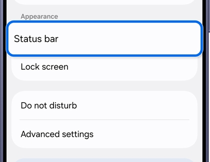 A Galaxy S26 Ultra screen showing an appearance settings menu with the Status bar option highlighted in blue.