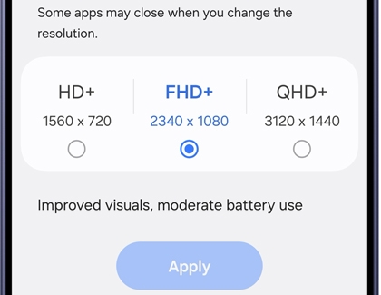 A Galaxy S26 Ultra screen showing screen resolution options with FHD plus selected and an Apply button at the bottom.