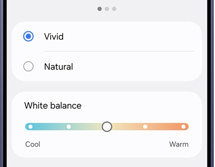 A Galaxy S26 Ultra screen showing display mode options with Vivid selected and a white balance slider ranging from cool to warm.