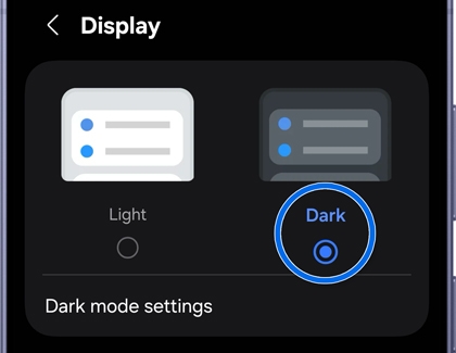 A Galaxy S26 Ultra screen showing display theme options with Dark mode highlighted in a blue circle and selected.