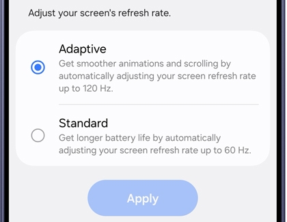 A Galaxy S26 Ultra screen showing refresh rate options with Adaptive selected to allow up to 120Hz and an Apply button.