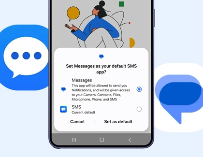A Galaxy S26 Ultra showing a popup to set Google Messages as the default SMS app with a Set as default button.