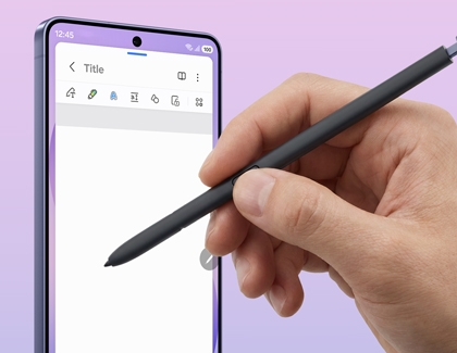 A hand holding a S Pen over the screen of a purple Galaxy S26 Ultra, showing a notes app.