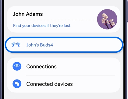 Settings menu with the user's Galaxy Buds device name selected.