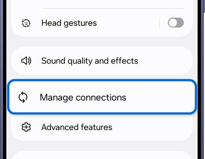 Galaxy Buds screen with Manage connections option highlighted.