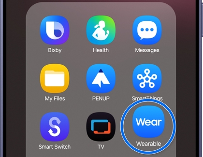 Galaxy phone screen with the Wearable app highlighted.