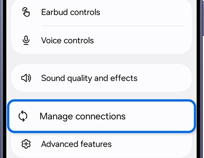 Galaxy Buds screen with Manage connections option highlighted.