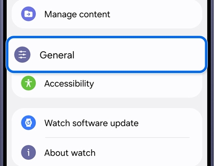 Watch settings screen with the General setting option highlighted.