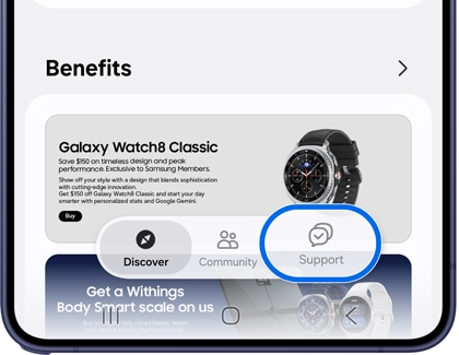 Samsung Members app with the Support tab highlighted.