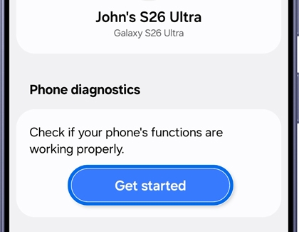Samsung Members support screen with the Phone diagnostics Get started button highlighted.
