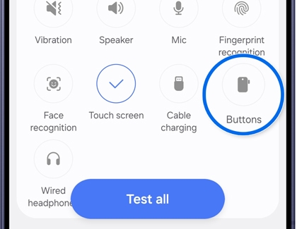 Samsung Members diagnostics list with the Buttons option highlighted
