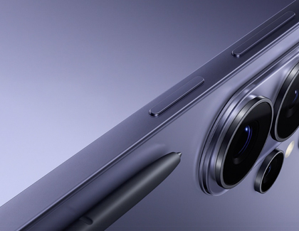 A close up of the top corner of a purple Galaxy S26 Ultra with a black stylus pen resting nearby.