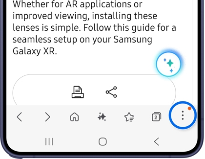 A Galaxy S26 Ultra showing the Samsung Internet browser with the three dot menu icon highlighted in a blue circle.