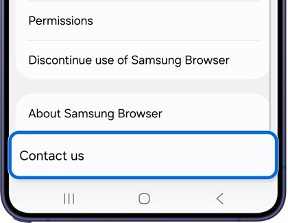 A Galaxy S26 Ultra showing browser settings with the Contact us option highlighted in a blue box.