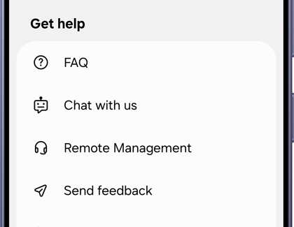A Galaxy S26 Ultra showing the Get help menu with options for FAQ, Chat with us, Remote Management, and Send feedback.