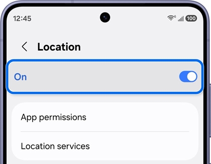 A close up of a Galaxy S26 Ultra screen displaying the location settings with the location toggle turned on.