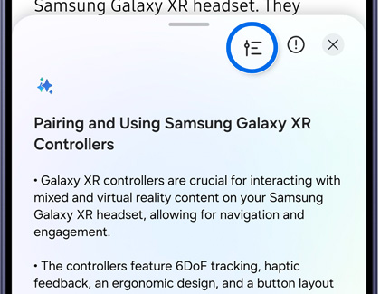 A Galaxy phone showing a Browsing Assist summary of a webpage about Pairing and Using Samsung Galaxy XR Controllers with the Summarize icon highlighted in blue.
