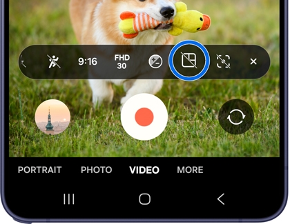 A purple Galaxy S26 phone showing the camera app settings overlay with the dual recording icon highlighted in blue.