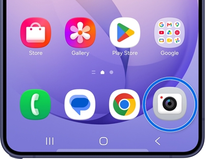 A Galaxy S26 Ultra screen showing the home screen with the Camera app icon circled in blue.