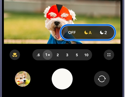 A Galaxy S26 Ultra screen showing the camera viewfinder with a night mode settings menu highlighted in blue.