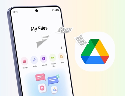 A purple Galaxy S26 Ultra showing the My Files app with documents flying into a Google Drive icon.
