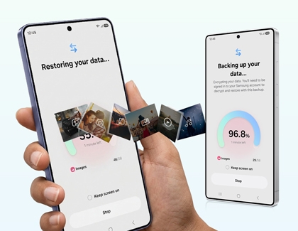 A hand holding a Galaxy S26 Ultra restoring data from another Galaxy S26 Ultra that is backing up data with photos floating between them.