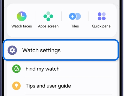 Wearable app screen with Watch settings highlighted.