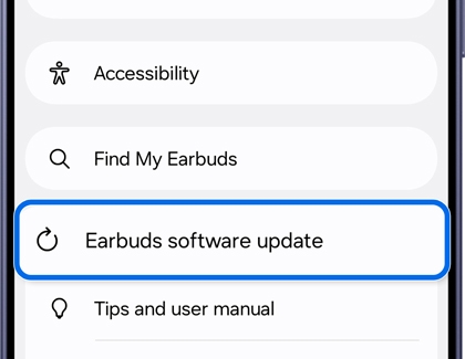 Galaxy Buds screen showing the Earbuds software update option.