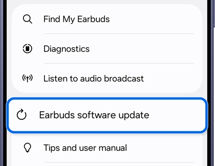 Galaxy Buds Settings screen with Earbuds software update highlighted.