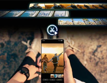 A person holding a Galaxy S26 Ultra editing a video with an auto trim icon graphic floating above the screen.
