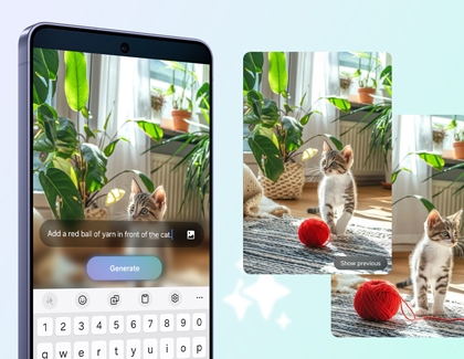 A Galaxy S26 phone screen showing a text prompt to add a red ball of yarn in front of a cat with the AI generated results displayed next to it.
