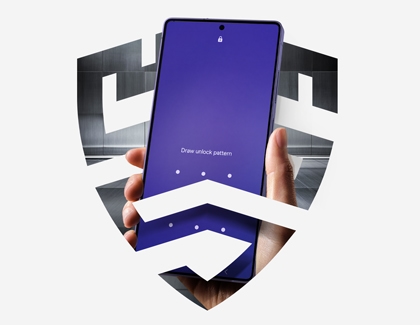 A hand holding a purple Galaxy phone showing the pattern unlock screen layered behind a stylized shield graphic.