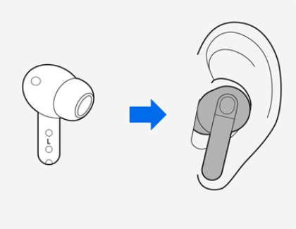 Left earbud shown next to the same earbud placed in an ear.
