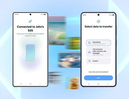 A Galaxy S26 Ultra connected to another Galaxy S26 Ultra showing options to select data for wireless transfer.
