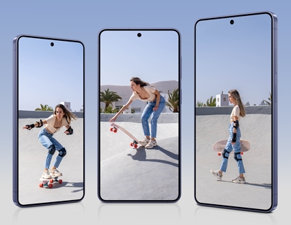 Three Galaxy S26 Ultra phones standing side by side, each showing a woman skateboarding on the screen.