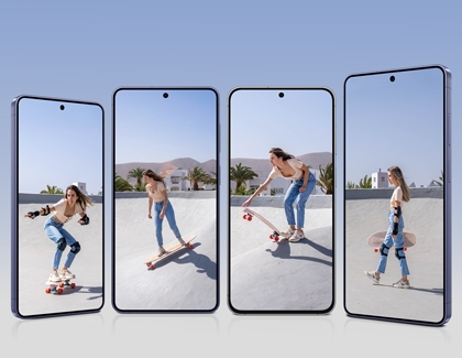 Four Samsung Galaxy phones standing side by side, each displaying a photo of a skateboarder.