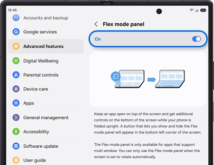 A Galaxy Z Fold screen showing the Flex mode panel menu with the On toggle switch highlighted.