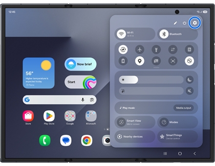 A Galaxy Z TriFold showing the Quick Settings panel with the gear icon for Settings in the top right corner circled in blue.