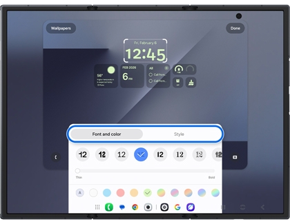A Galaxy Z TriFold showing the lock screen editor with the Font and color and Style tabs highlighted by a blue rounded box.