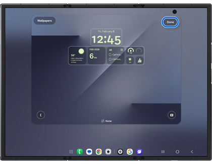 A Galaxy Z TriFold showing the lock screen editor with the Done button in the top right corner highlighted by a blue rounded box.