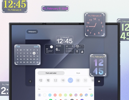 A Galaxy Z TriFold showing lock screen clock customization with various clock styles floating around a preview of the main screen.