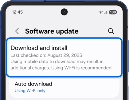 Software update settings on a Galaxy phone with Download and install highlighted