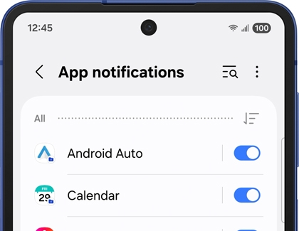 App notifications settings on a Galaxy phone with Calendar and Android Auto enabled.