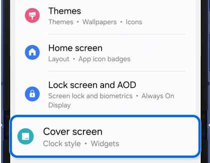 Settings list with the cover screen option highlighted by a blue border.