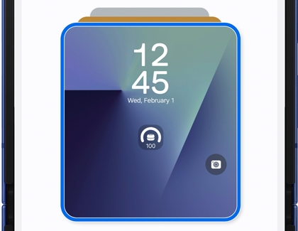 Preview of a Galaxy Z Flip cover screen with a blue border indicating the customizable widget area.