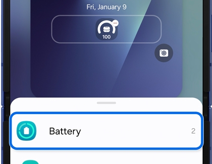 Widget selection screen with the Battery widget highlighted.