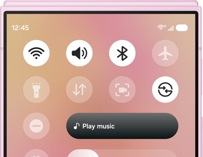 A Galaxy cover screen displaying Quick Settings toggles and a music bar.