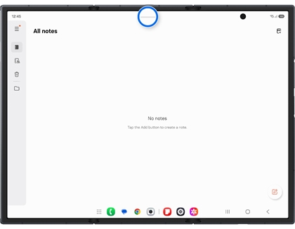 A blank Samsung Notes screen on an unfolded Galaxy Z TriFold with the top window handle highlighted in a blue circle.